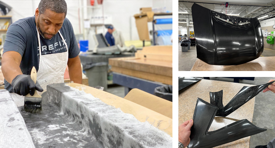 Collage of composite examples, including a worker brushing between layers