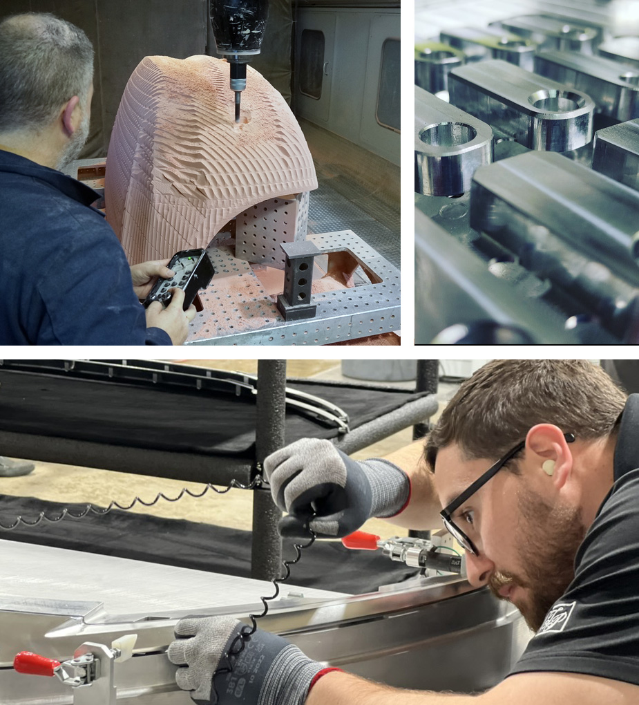 Scenes from the CNC center: workers operating the machinery and sample product